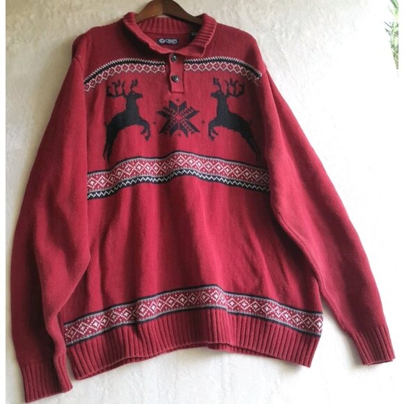 VTG Chaps XXL Holidays Reindeer Heavyweight Dad Ugly Christmas Polo Sweater Red - Picture 1 of 7
